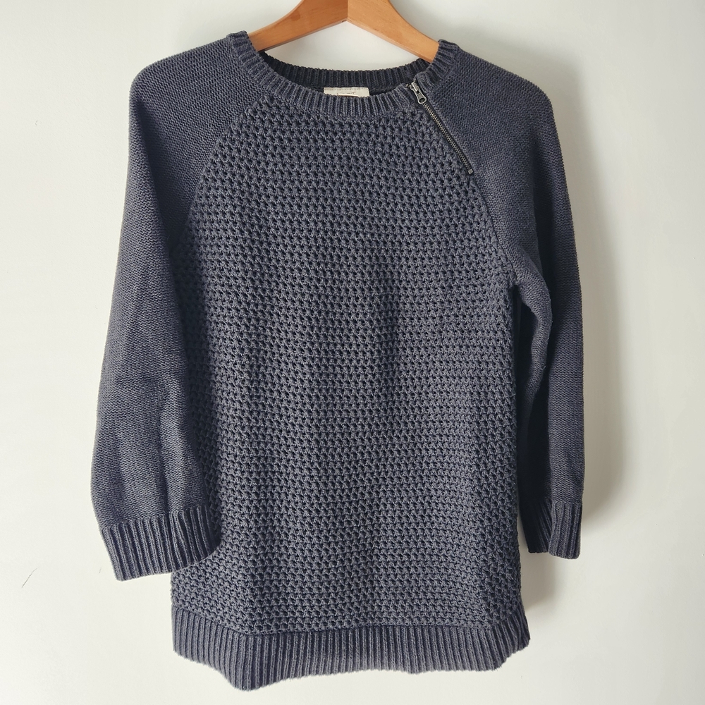 LOFT Dark Gray Textured Knit Sweater 100% Cotton with Zipper Accent, large